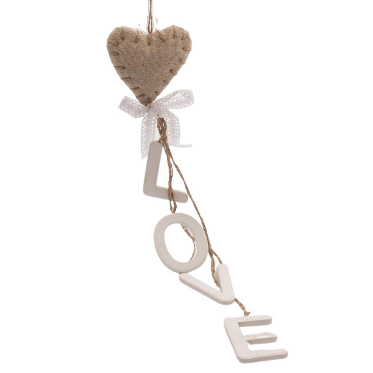 Scritta pendente in legno con cuore in stoffa, 30 cm