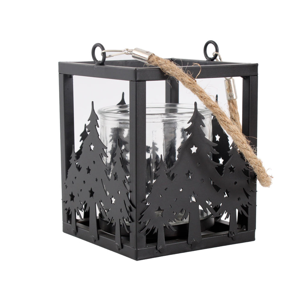 Lanterna in metallo nero con alberelli, 12x12H15 cm (kit da 5)
