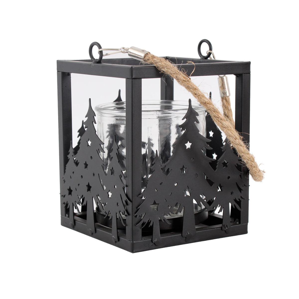 Lanterna in metallo nero con alberelli, 12x12H15 cm (kit da 5)