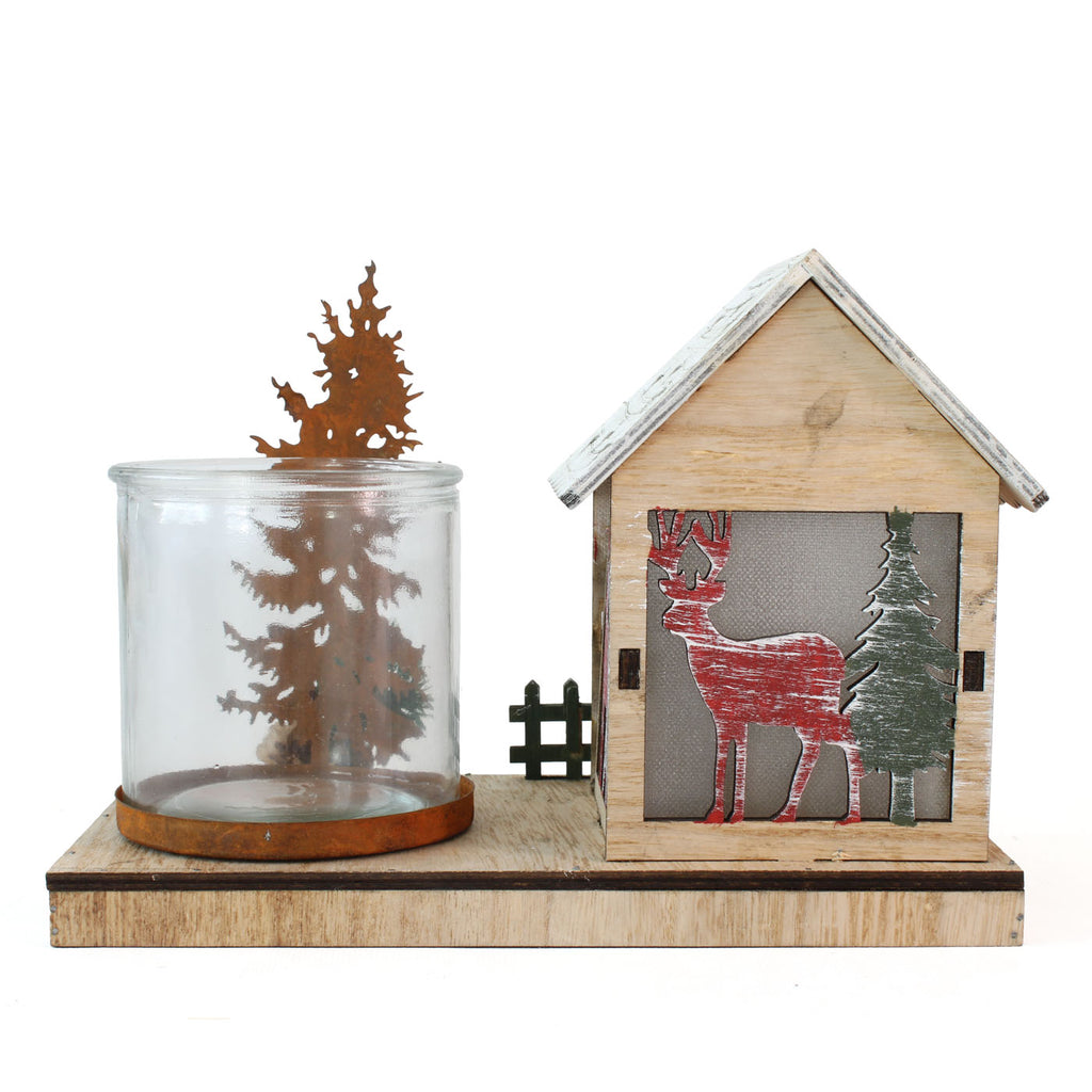 Casetta con portacandela in legno di abete con led, 20x12x12 cm (kit da 5)