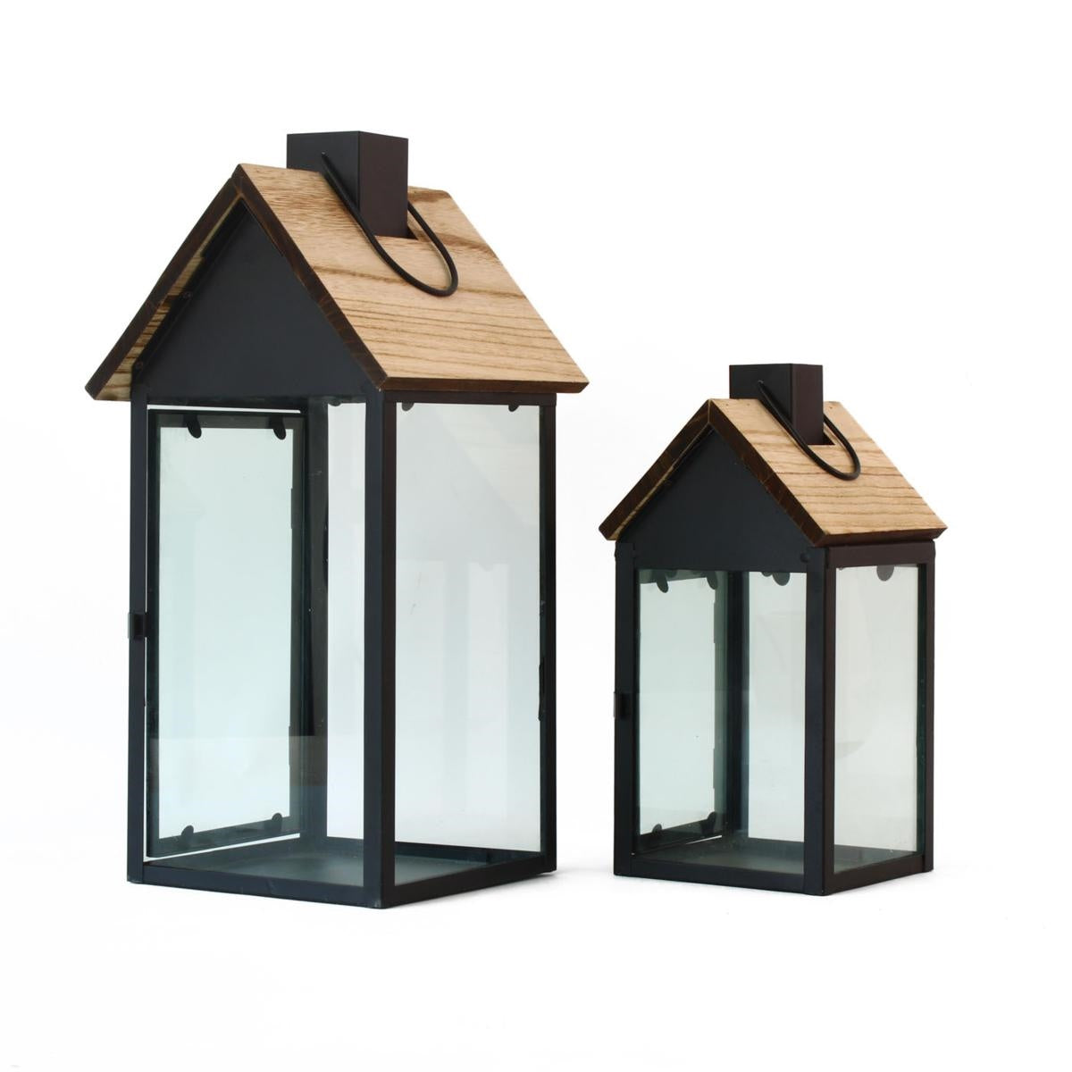 Lanterne in legno e metallo, set di 2, 18x18x45 cm