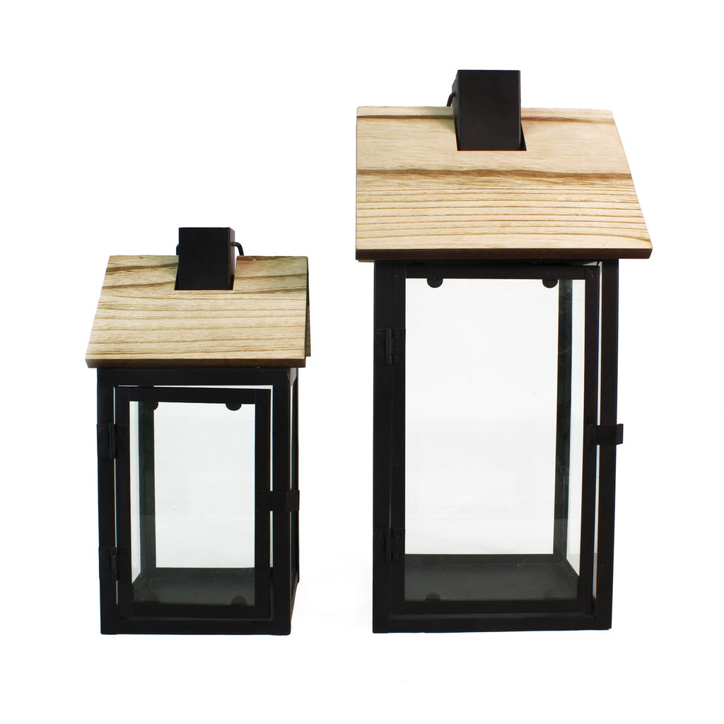 Lanterne in legno e metallo, set di 2, 18x18x45 cm