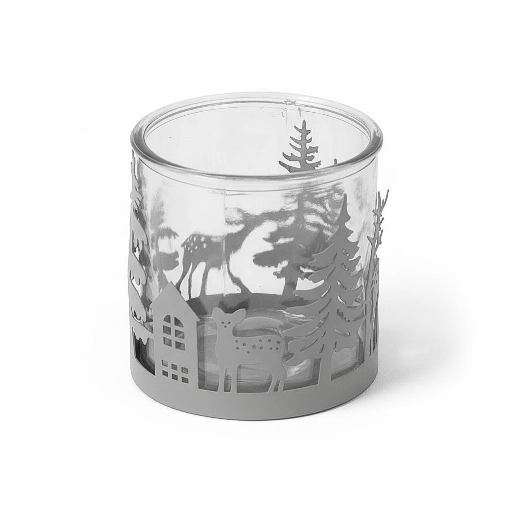Portacandela in metallo grigio con alberi e renne, Ø12H12 cm (kit da 5)