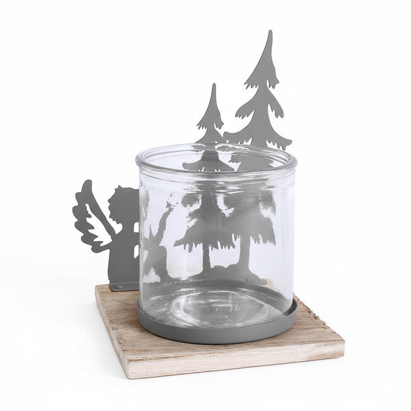 Portacandela in metallo grigio con alberi e angelo, 13x13x18 cm (kit da 10)