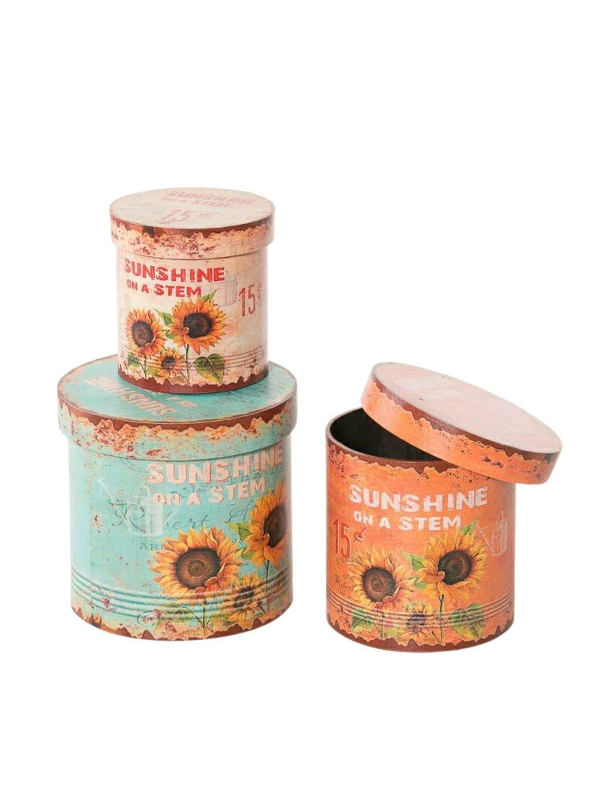 Set di 3 scatole tonde in legno con stampa a girasoli
