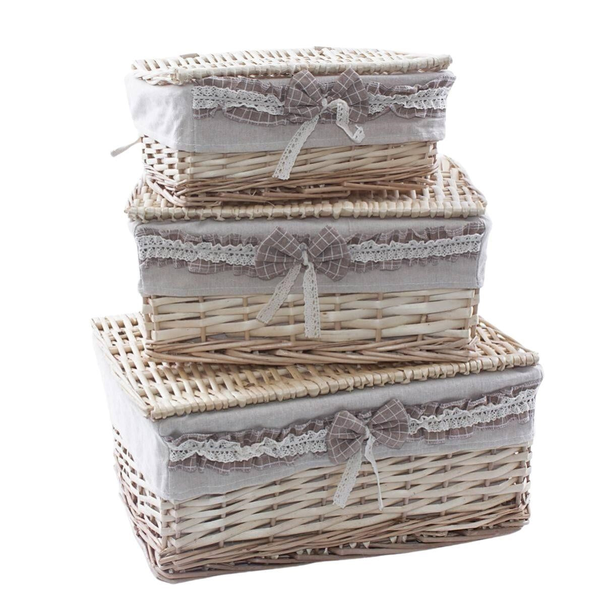 Scatole in vimini con fodera, set da 3, 42x33H20 cm