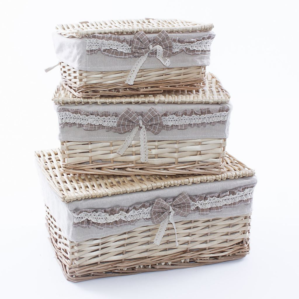 Scatole in vimini con fodera, set da 3, 42x33H20 cm