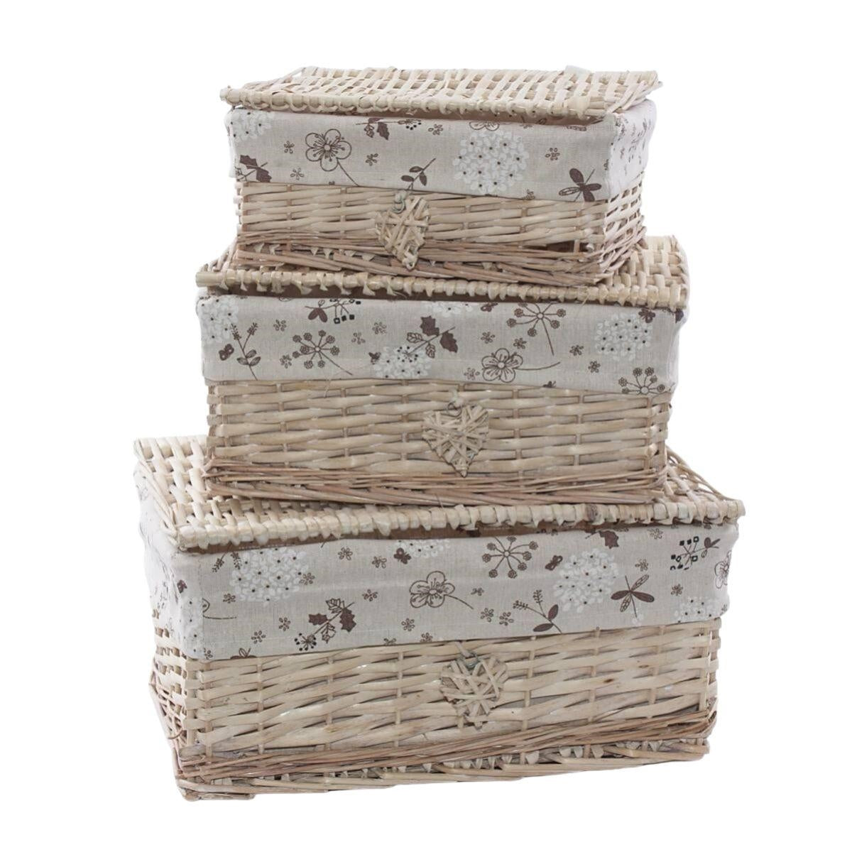 Scatole in vimini foderate, set di 3, 42x33x20 cm