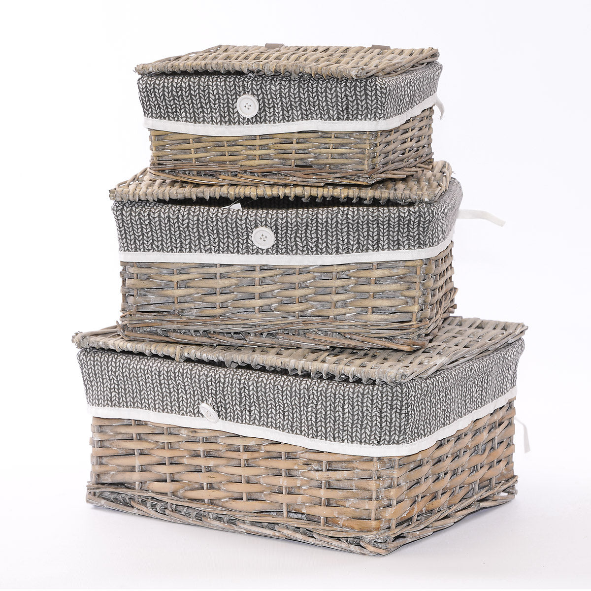Set di 3 scatole in vimini con fodera, 47x35H18 cm