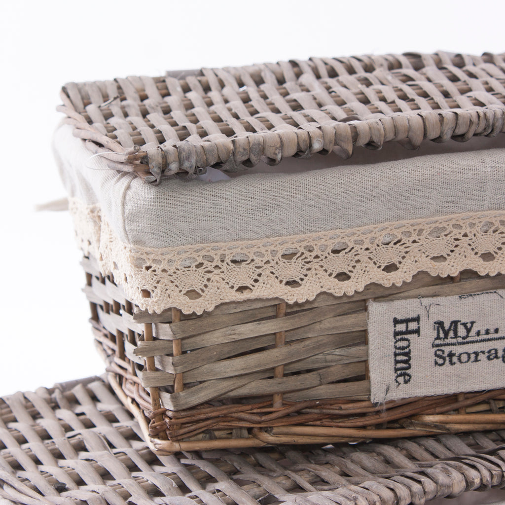 Scatole in vimini con coperchio e fodera, set di 2, 40x30x20 cm