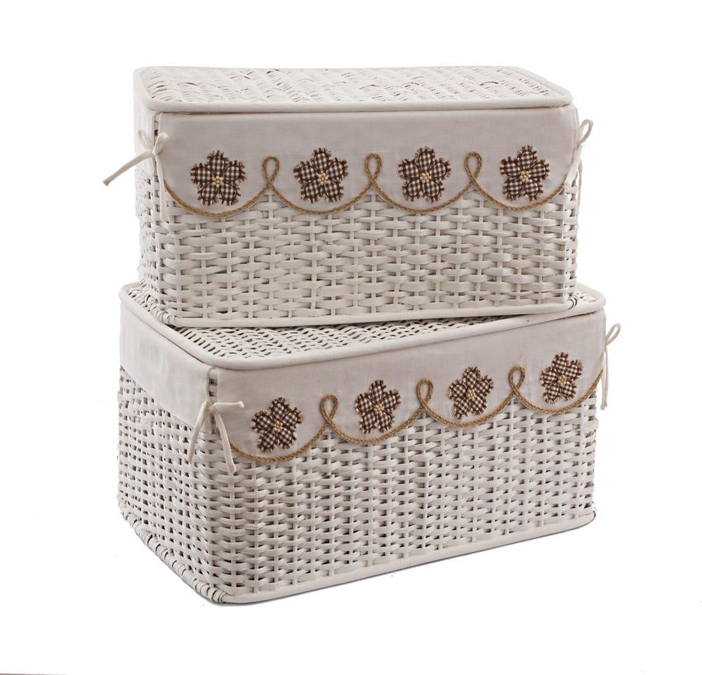 Scatola in rattan bianco con decoro a rose, set di 2