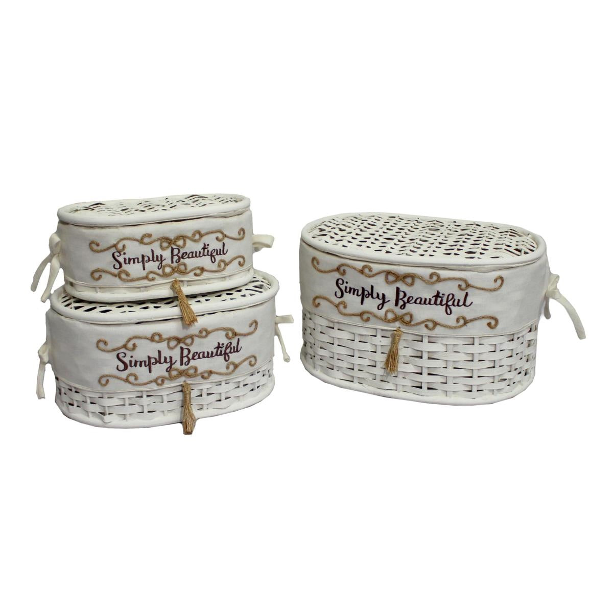 Scatola cesto con coperchio in bamboo ovale bianco con