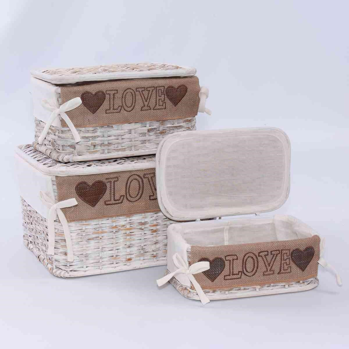 Scatole organizer in rattan Love, set di 3, 38x28x20 cm