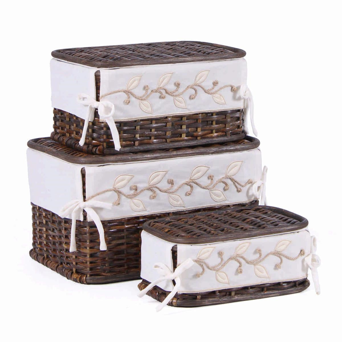 Scatole rettangolari in rattan foderate, set di 3, 38x29x22 cm