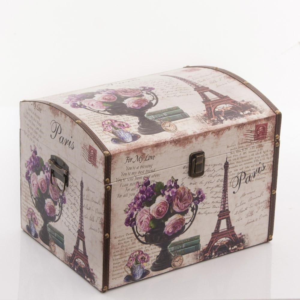Bauletto in mdf con decoro fiori ed Eiffel, 40x30H30 cm