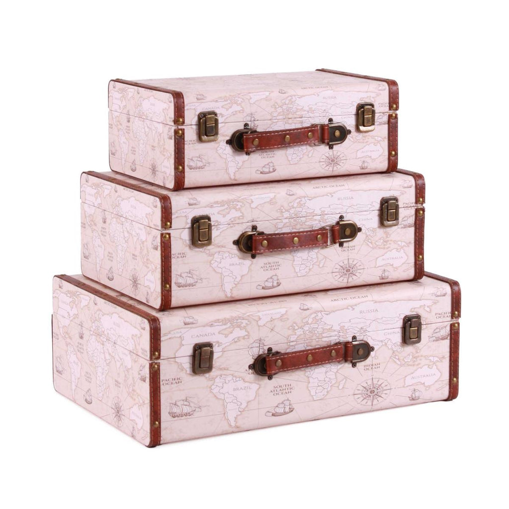 Valigie in compensato con stampa planisfero, set di 3, 45x30x17 cm