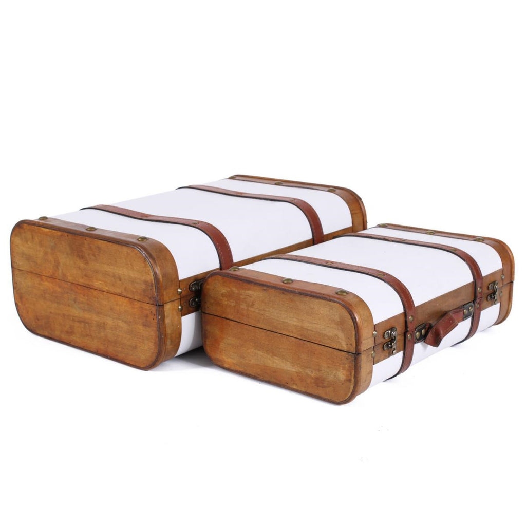 Valigia in legno bianca con cinghie marroni, set di 2, 45x31H17 cm
