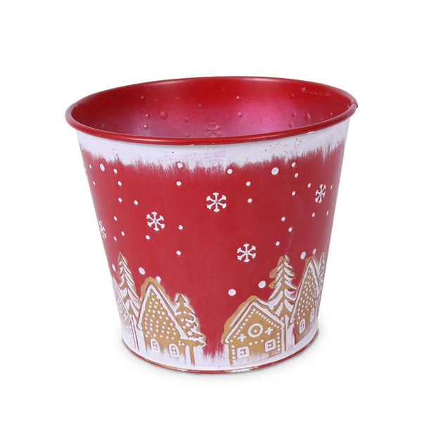 Portavaso in metallo rosso con paesaggio di Natale, Ø15H13 cm (kit da 10)