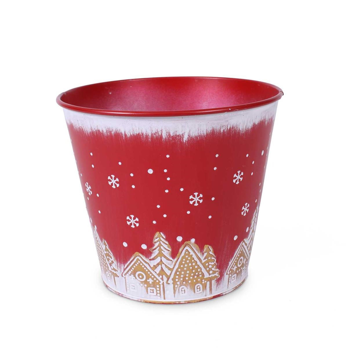 Portavaso in metallo rosso con paesaggio natalizio, Ø17H15 cm (kit da 10)