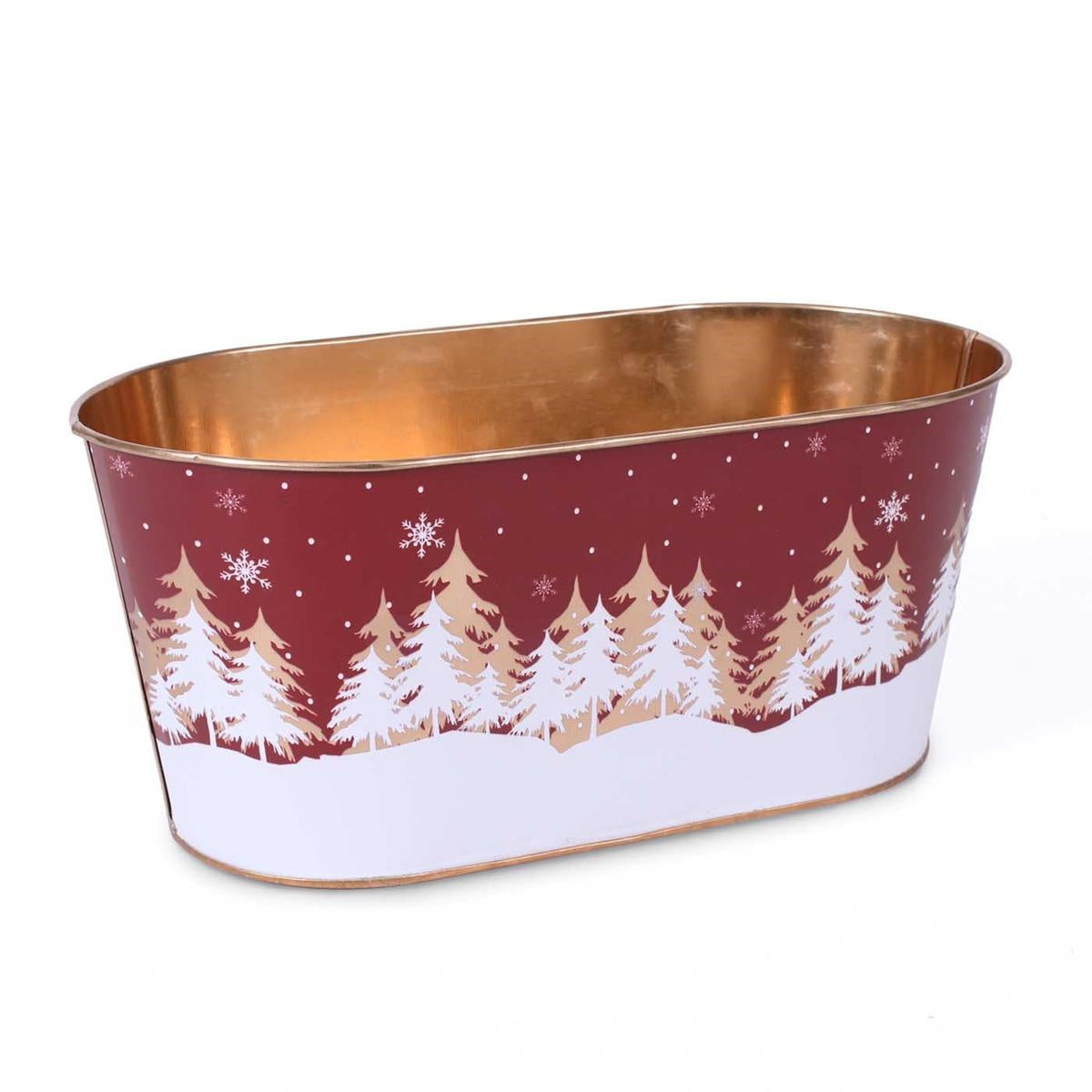 Portavaso in metallo ovale rosso - Abeti Natale, 26x14x12 cm