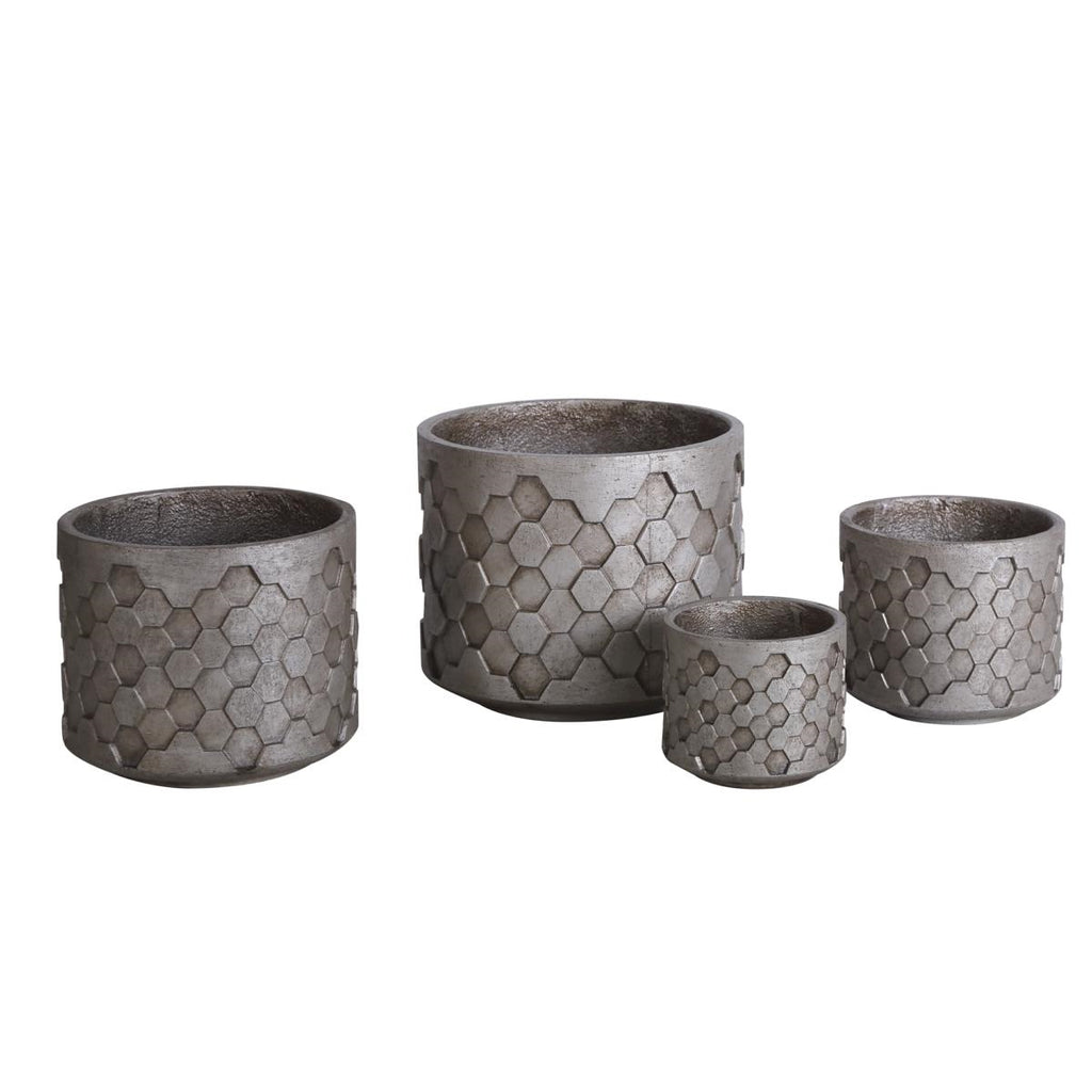 Vaso in fibrocemento alveare argentato, Ø37x31 cm, set di 4