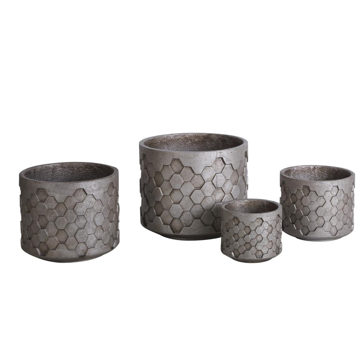 Vaso in fibrocemento alveare argentato, Ø37x31 cm, set di 4