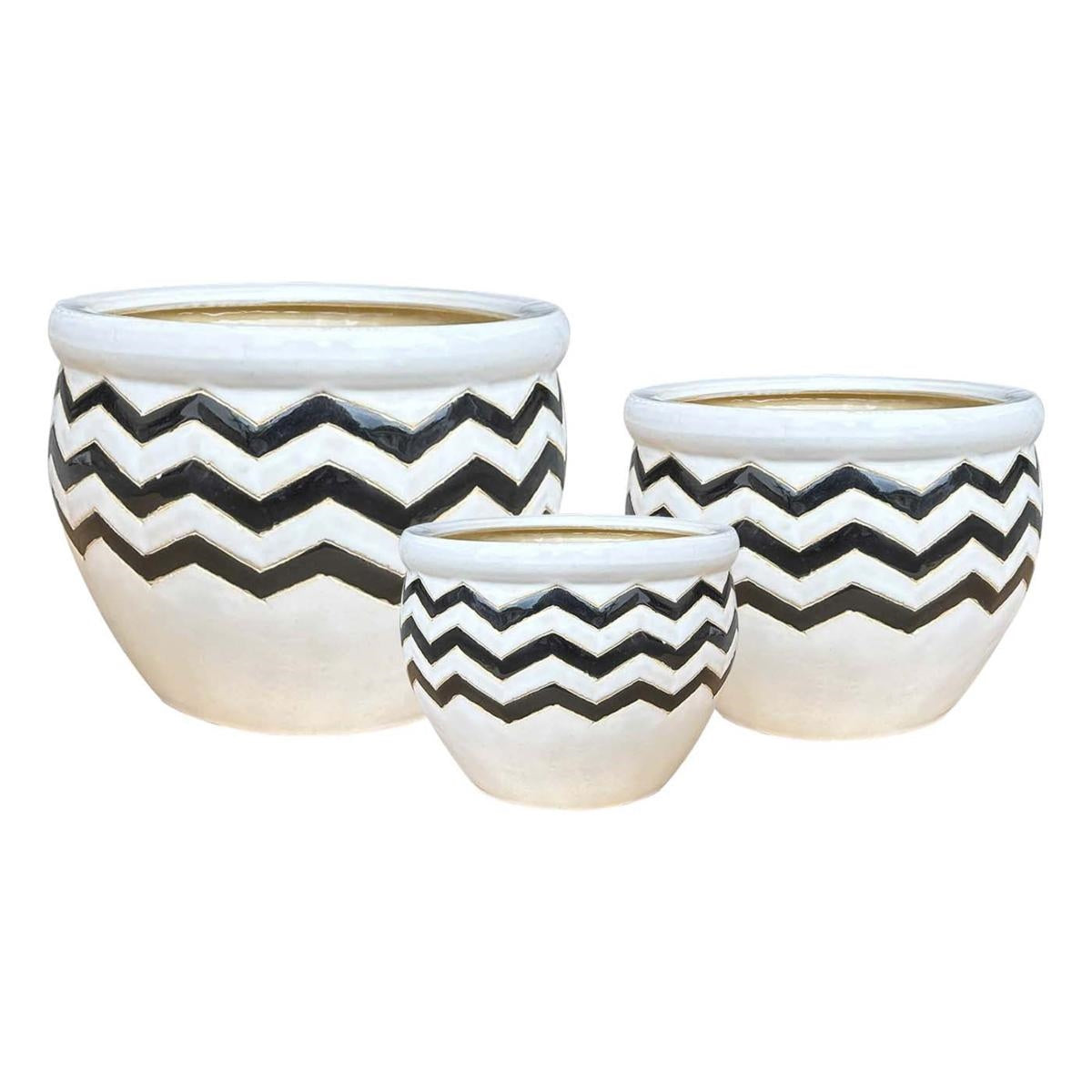 Set di 3 portavasi in ceramica bianca e nera, Ø30H21 cm