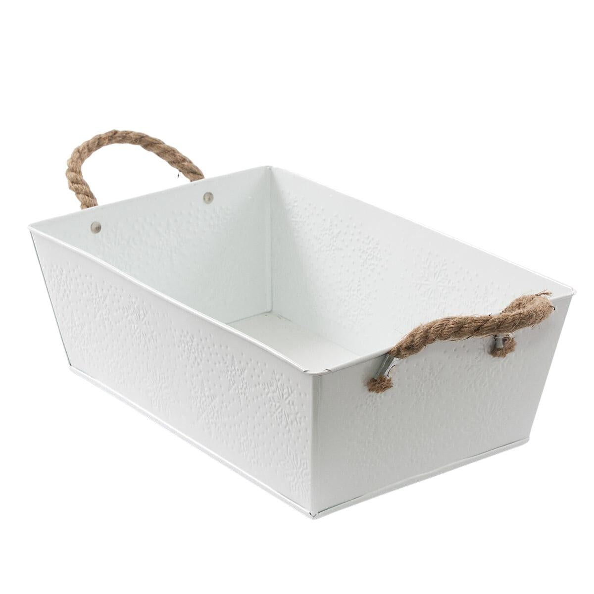 Vaschetta in latta bianco neve con manici in corda, 35x23H12 cm (kit da 3)