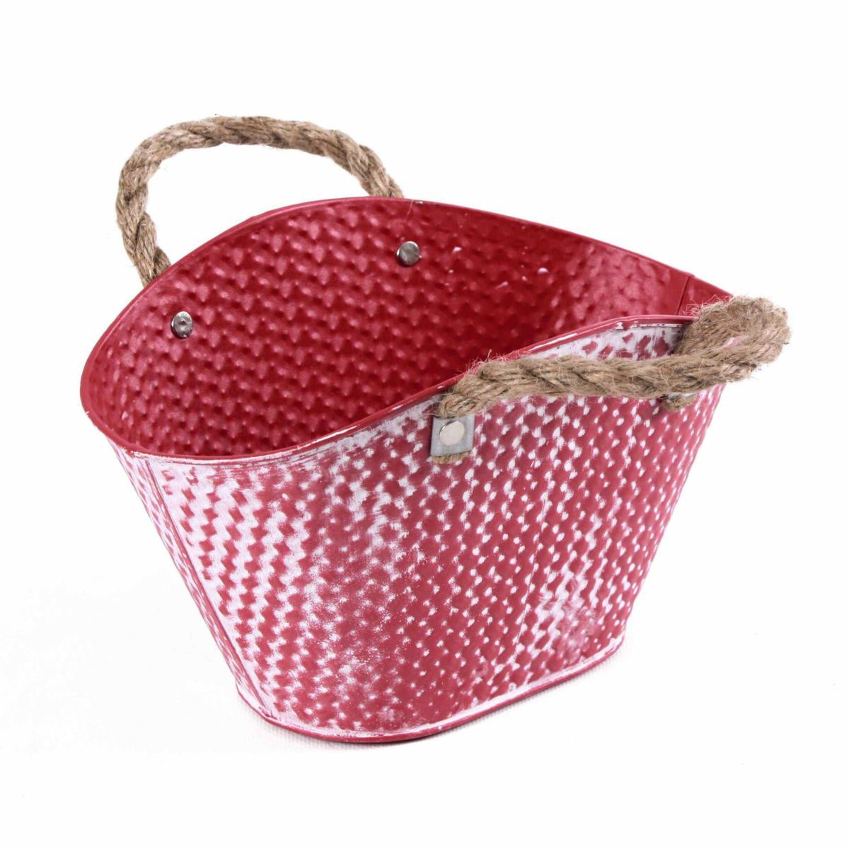 Vaschetta ovale in latta rosso scuro con manici in corda, 24x17H15 cm (kit da 10)