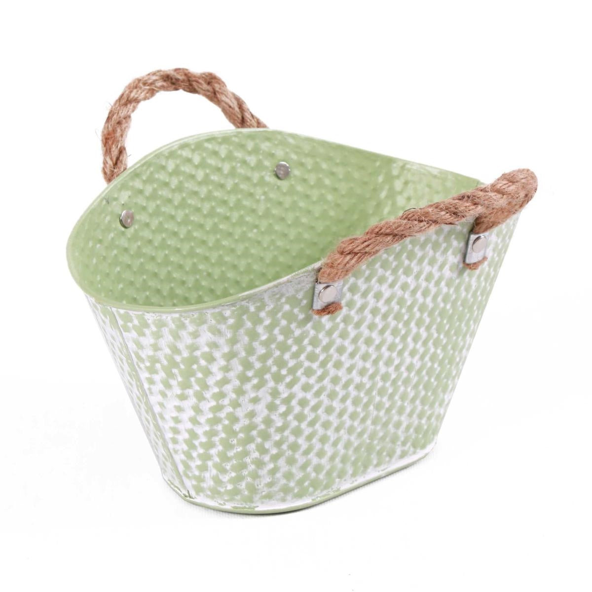 Vaschetta ovale in latta verde chiaro con manici in corda, 24x17x15 cm (kit da 10)