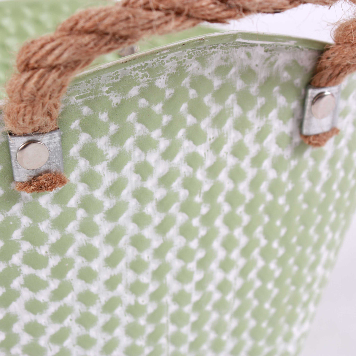 Vaschetta ovale in latta verde chiaro con manici in corda, 24x17x15 cm (kit da 10)