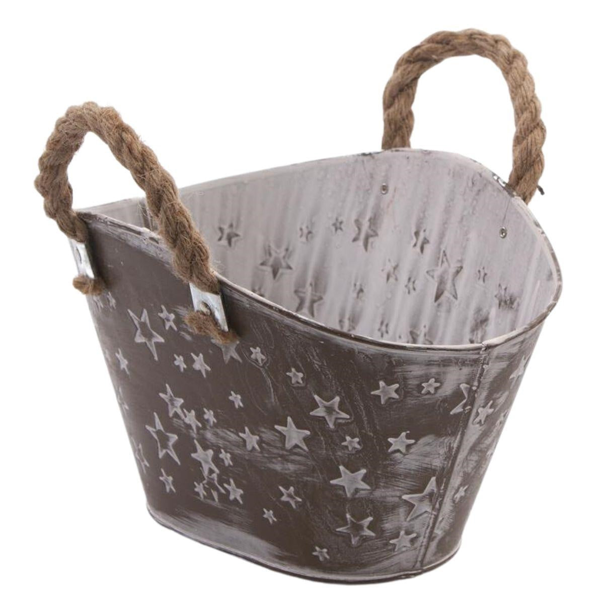 Ciotola in latta tortora con manici in corda, 24x17H15 cm (kit da 5)
