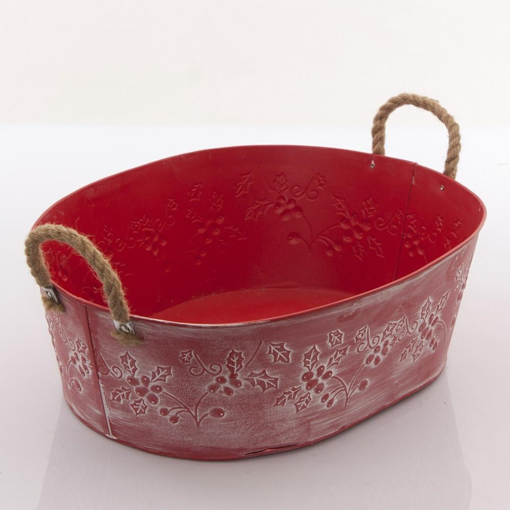 Vaschetta in latta rossa con decoro agrifoglio, 46x33x15 cm (kit da 3)