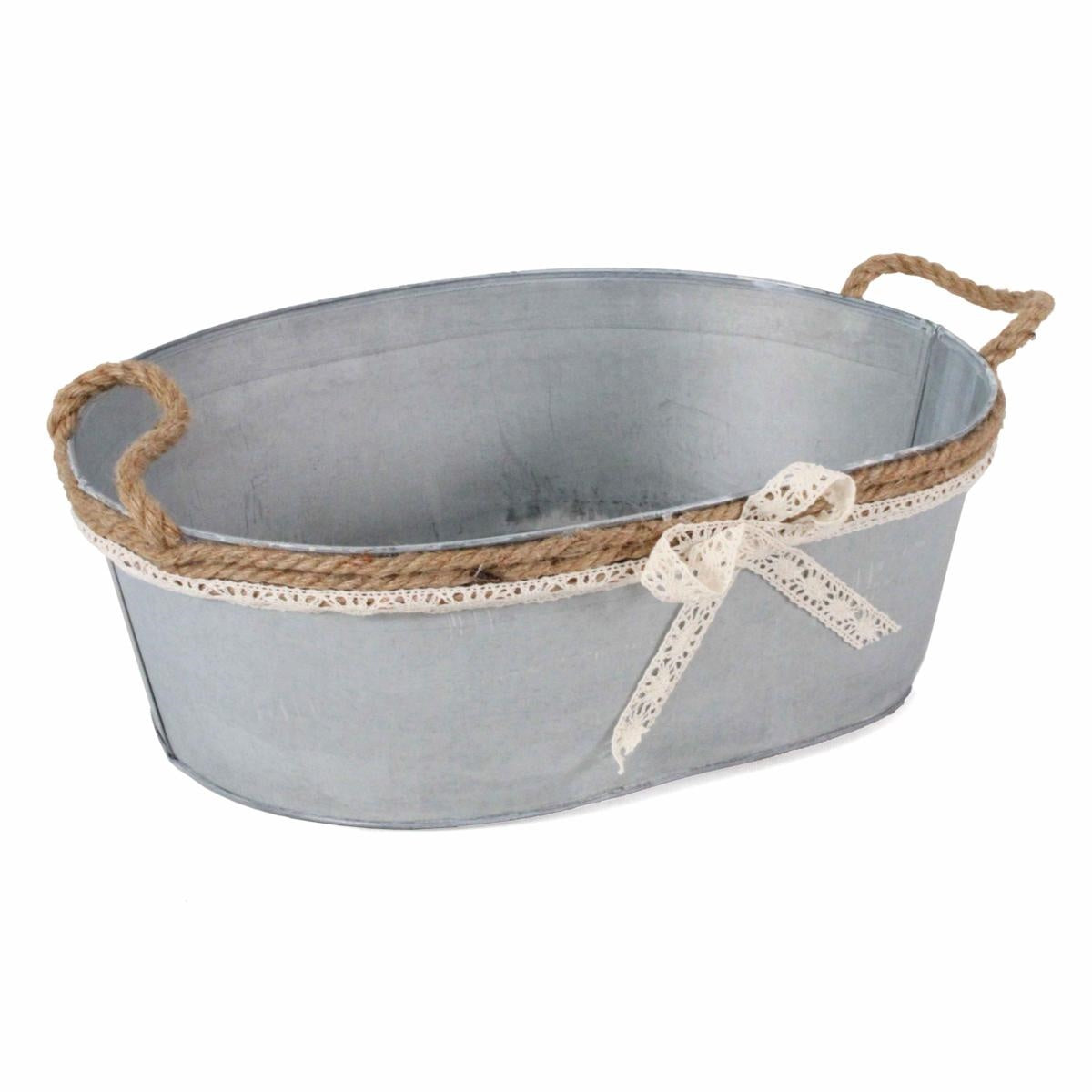 Vaschetta in latta sbiancata con manici in corda, 46x33x15 cm (kit da 3)