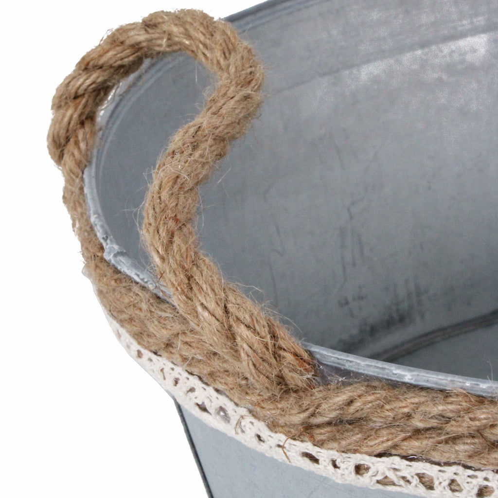 Vaschetta in latta sbiancata con manici in corda, 46x33x15 cm (kit da 3)