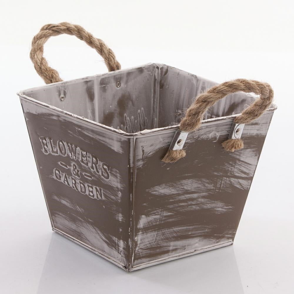 Portavaso in latta tortora con 2 manici, 17x17H14 cm (kit da 10)