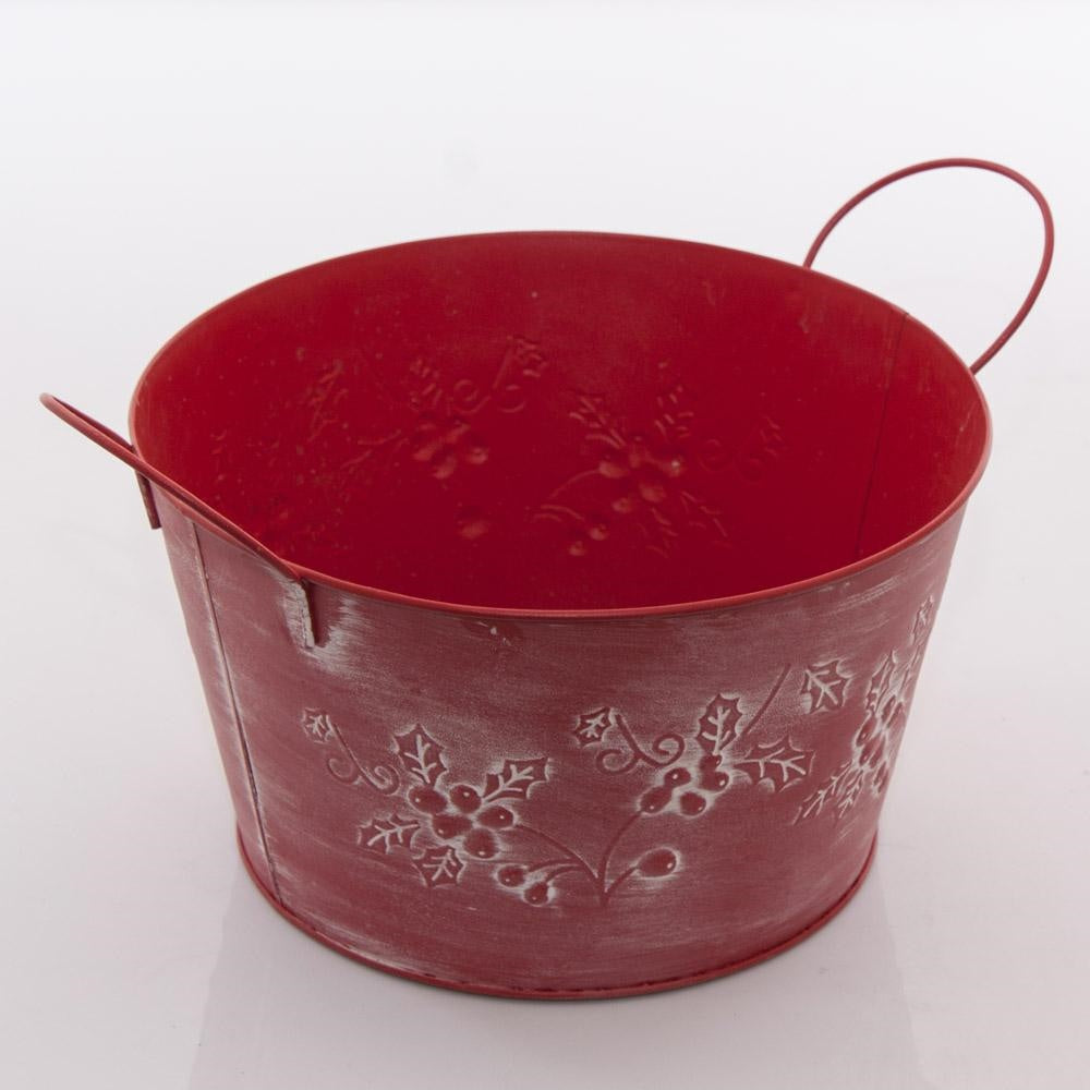 Ciotola in latta rossa con decoro agrifoglio, Ø28H16 cm (kit da 5)
