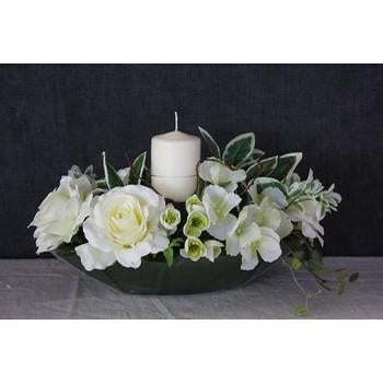Composizione con vaso e fiori bianca, H20 cm