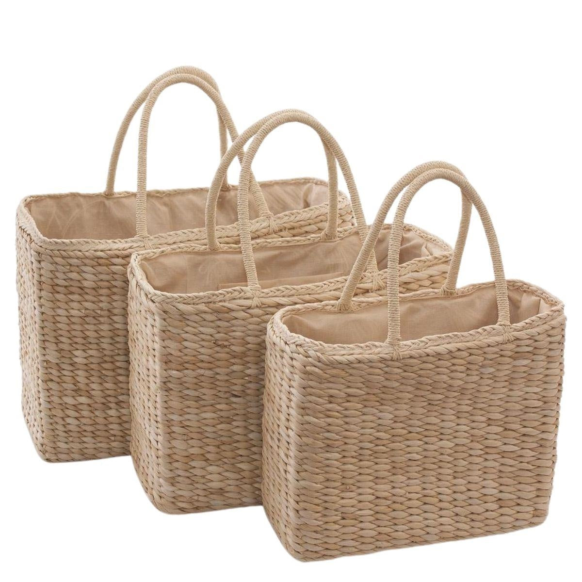 Set di 3 borse in fibre naturali foderate con coulisse, fino a 42x17x48 cm