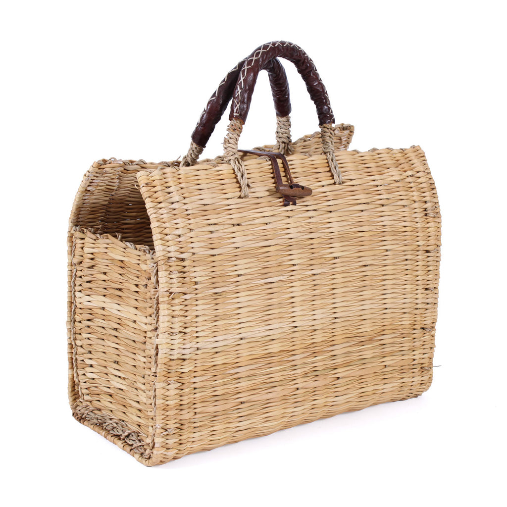 Borsa in giunco con manici in cuoio, 32H26 cm
