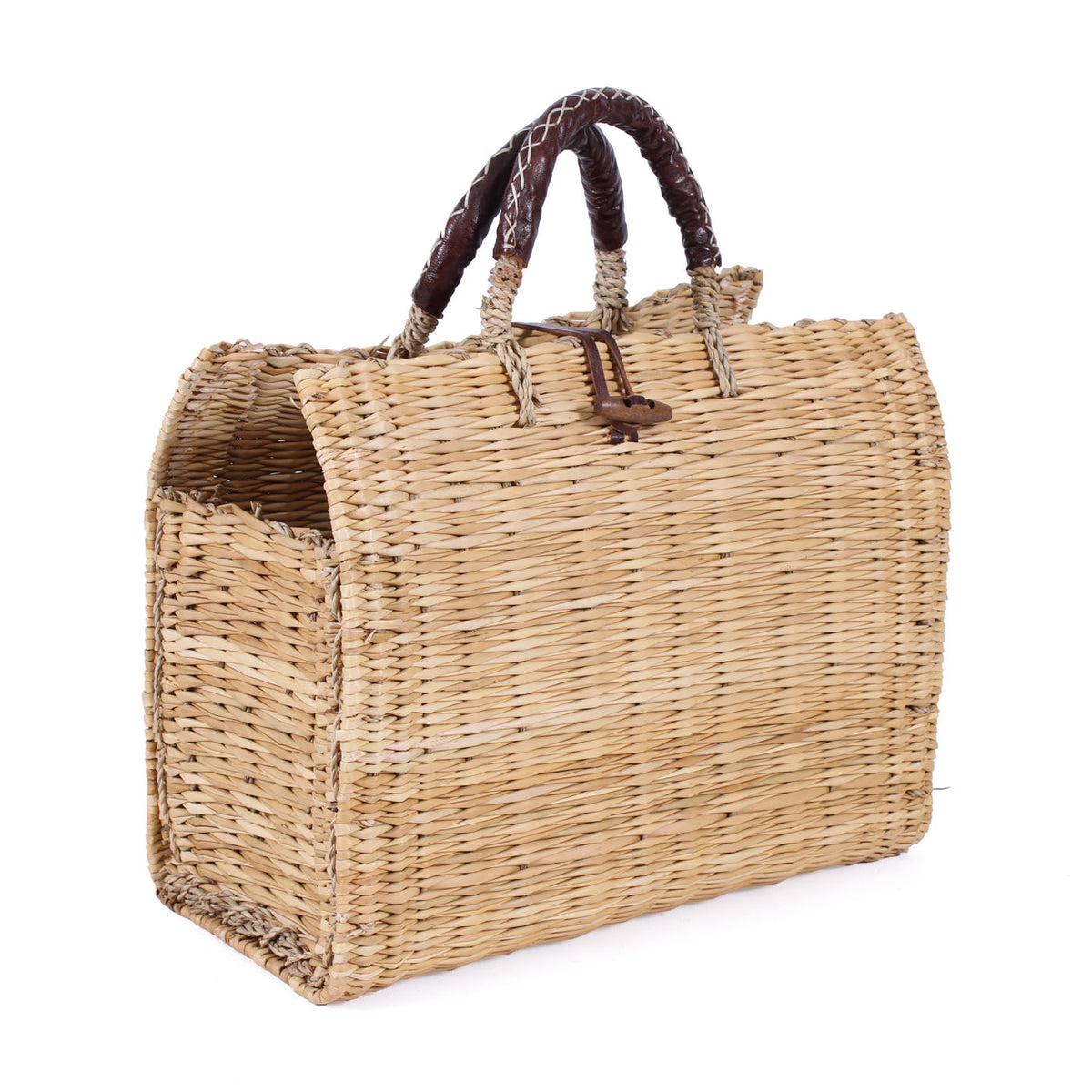 Borsa in giunco con manici in cuoio, 32H26 cm