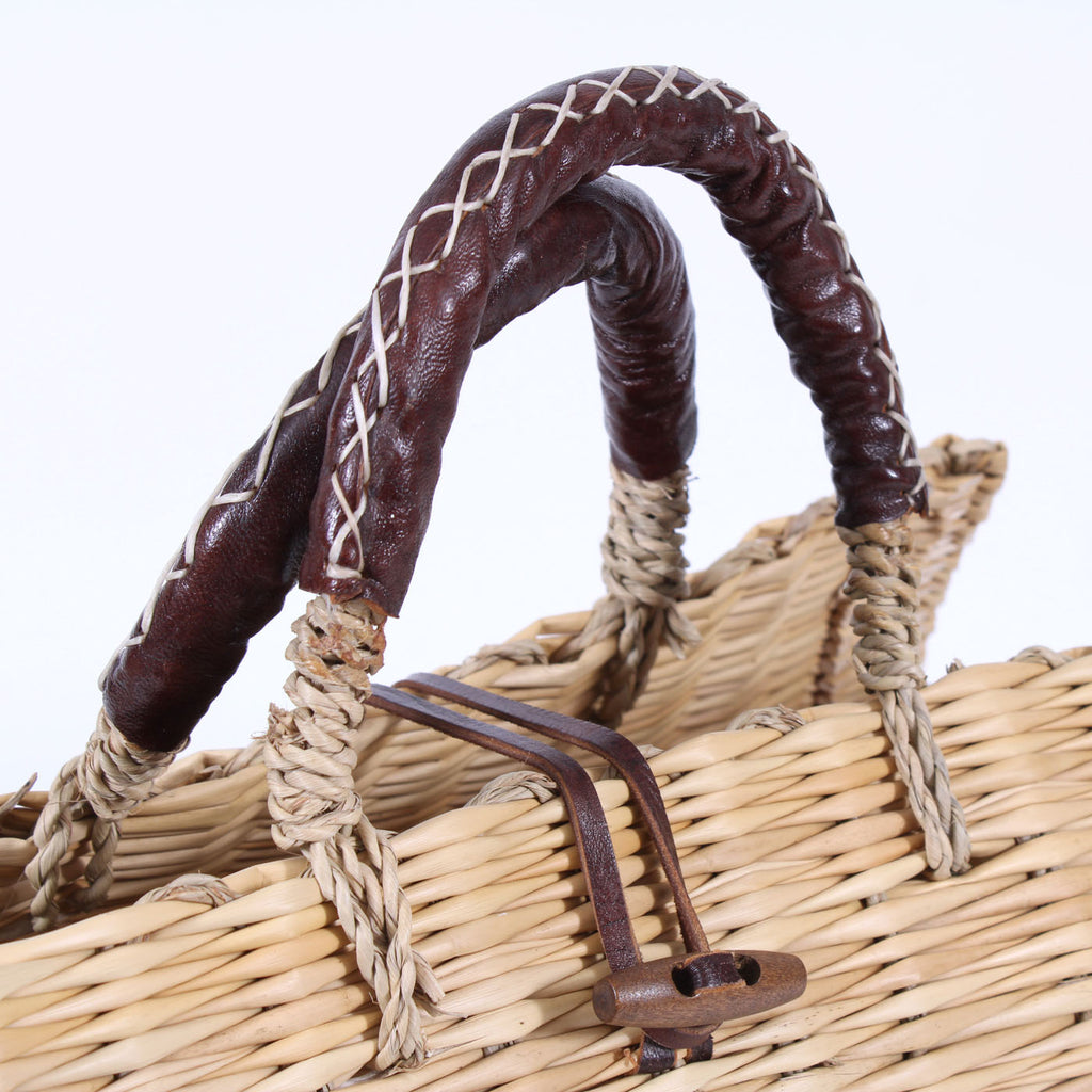 Borsa in giunco con manici in cuoio, 32H26 cm