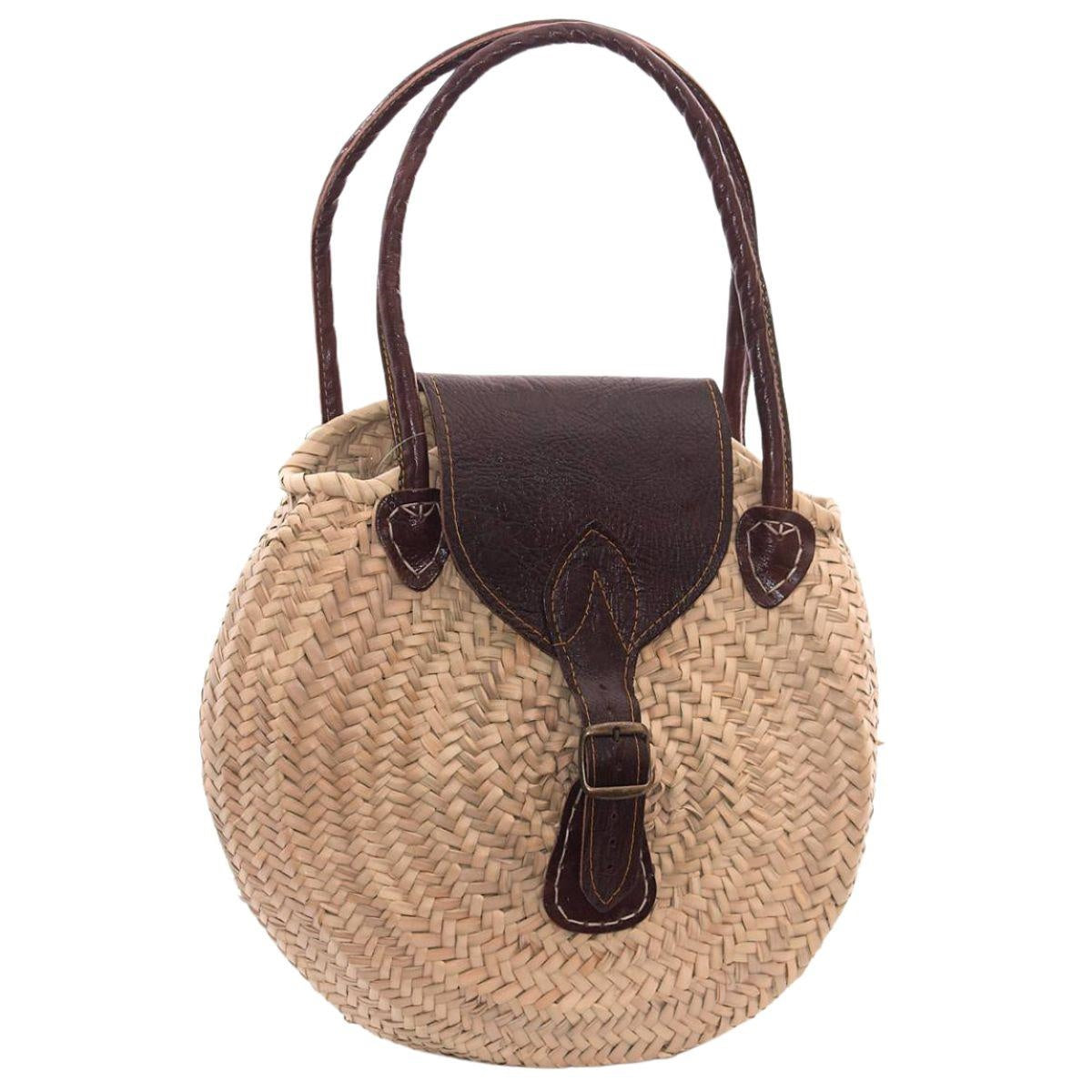 Borsa rotonda in palma con pattina e fibbia in cuoio, Ø30 cm
