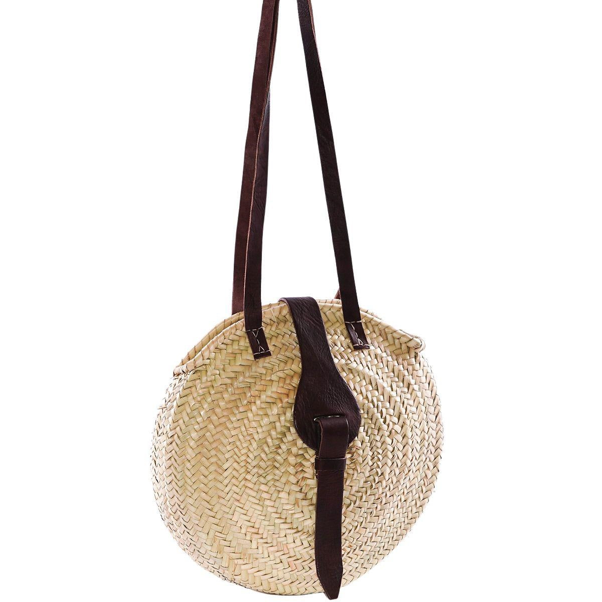 Borsa rotonda in palma a tracolla in cuoio scuro, Ø30 cm