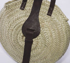 Borsa rotonda in palma a tracolla in cuoio scuro, Ø30 cm