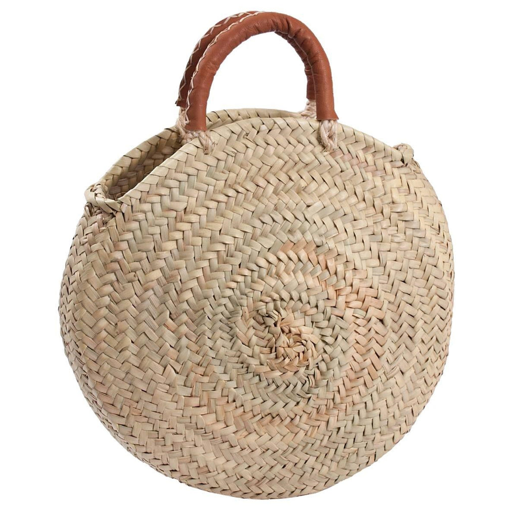 Borsa rotonda in palma con manico in cuoio, Ø30x42 cm