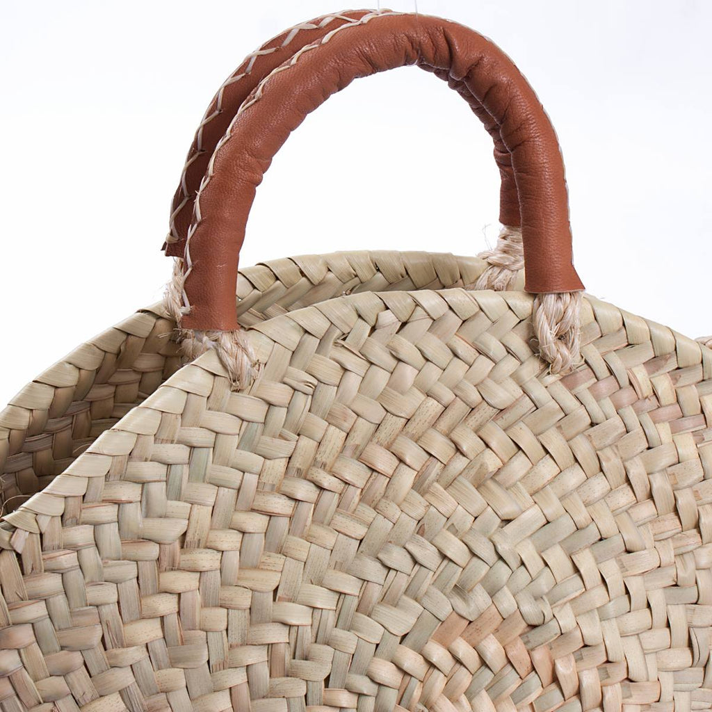 Borsa rotonda in palma con manico in cuoio, Ø30x42 cm