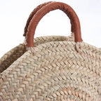 Borsa rotonda in palma con manico in cuoio, Ø30x42 cm