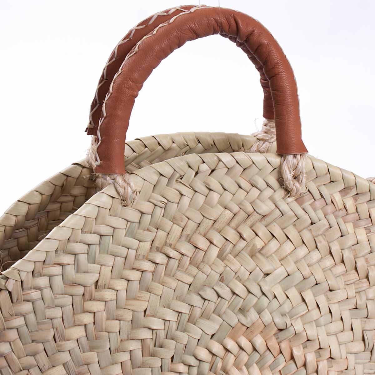 Borsa rotonda in palma con manico in cuoio, Ø30x42 cm