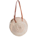 Borsa rotonda in palma chiara con manici in cuoio, Ø35 cm